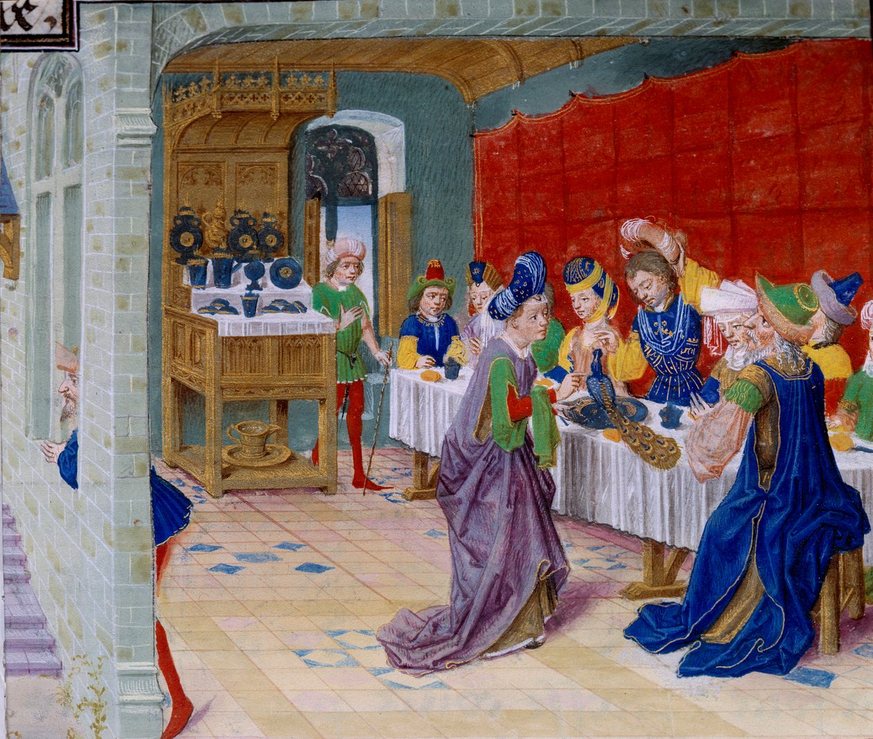 Festmahl-Szene, ein Pfau wird auf dem Tisch serviert. Miniatur aus „La Vraye Histoire du Bon Roy Alixandre“ von Kallisthenes (ca. 360-328 v. Chr.) von Unknown artist