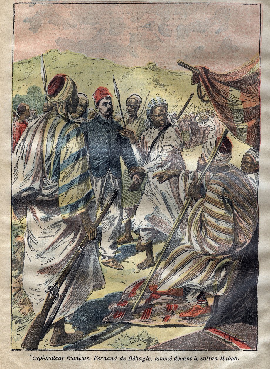 Ferdinand de Behagle (1857-1899) (französischer Entdecker) nahm Rabah gefangen und dann ließ der Sultan ihn 1899 durch Erhängen hinrichten - Gravur in „Le-Pelerin“ von 1899 von Unknown artist