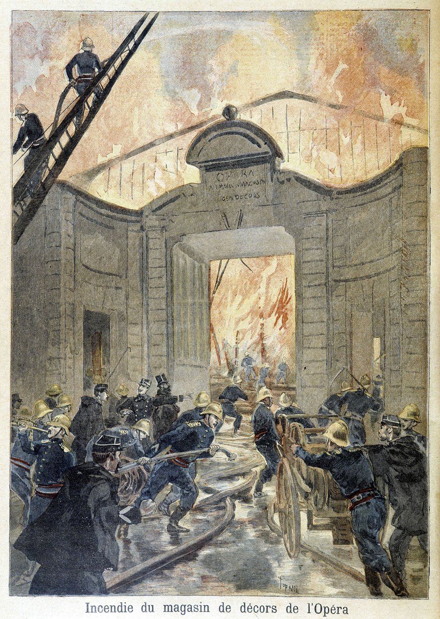 Feuerwehreinsatz während des Brandes der Dekorwerkstatt der Oper. Illustration des „Petite Journal“ im Jahr 1894 von Unknown artist