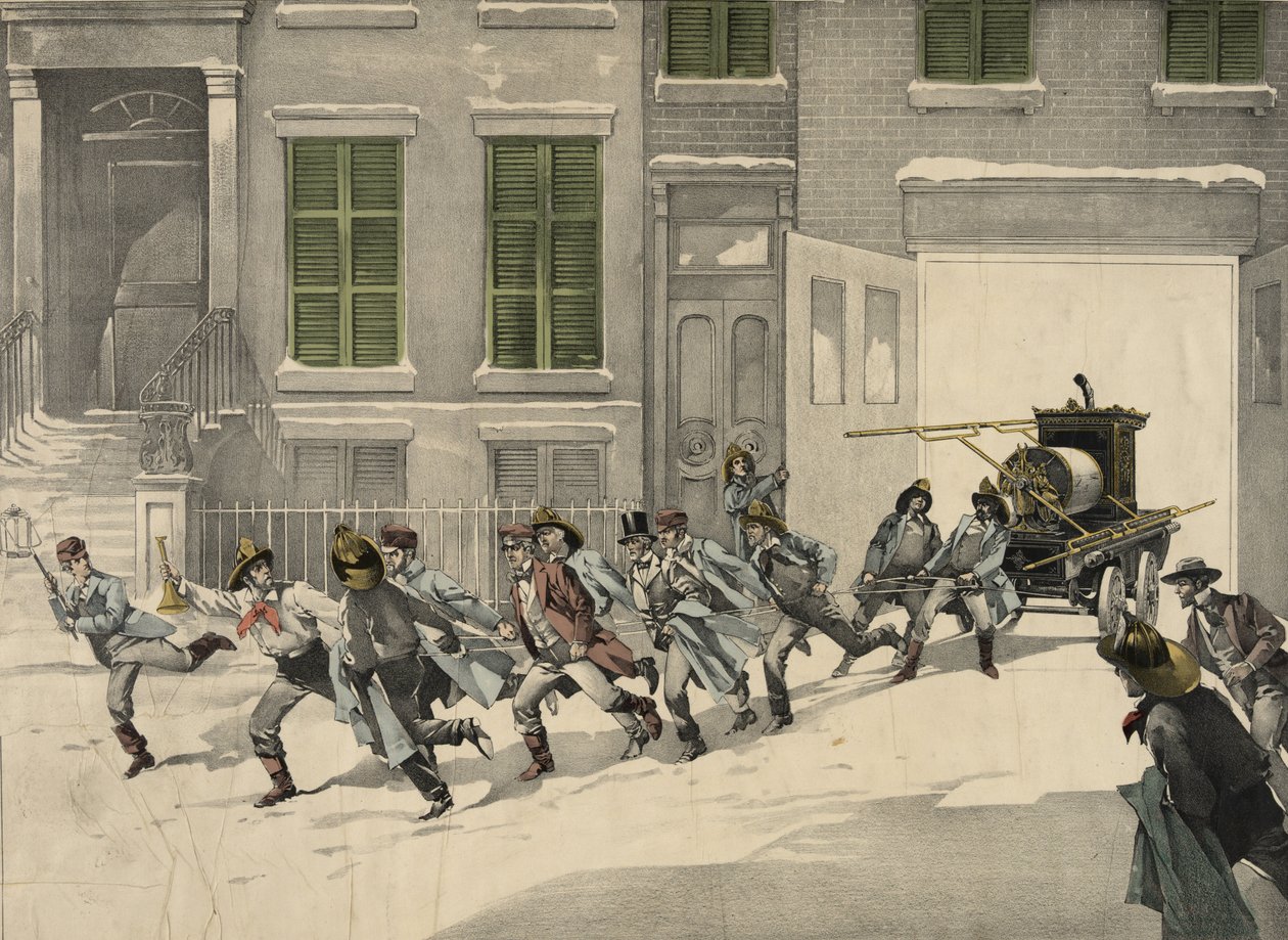 Feuerwehrleute rücken zu Notrufen am Brandort aus, Aquarell von 1895. USA von Unknown artist