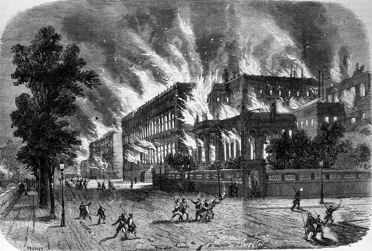 Brand des Rechnungshofs und der Ehrenlegion am 23. März 1871 während der Kommune in Paris. Gravur aus dem 19. Jahrhundert von Unknown artist