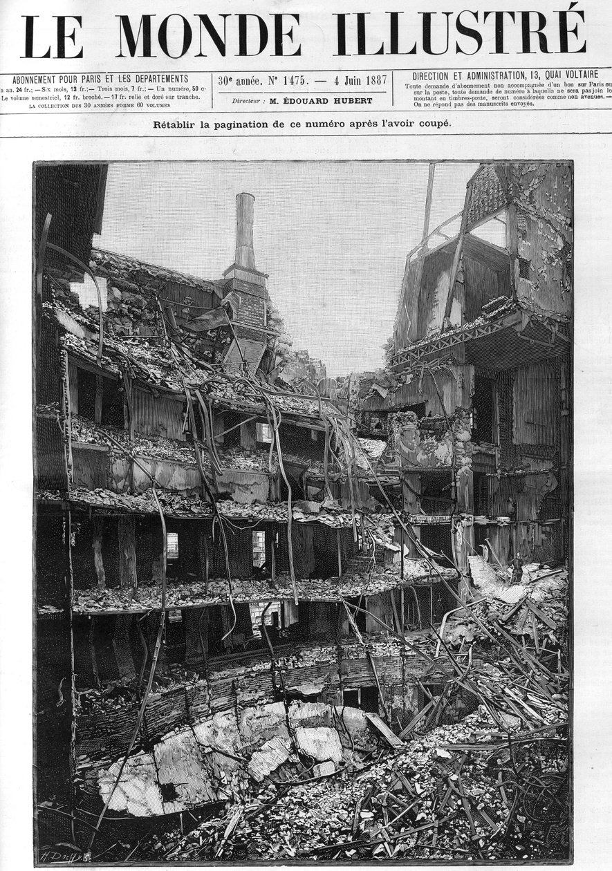 Brand der Opera Comique (Opera-Comique) in Paris am 25. Mai 1887 während der Aufführung des ersten Akts von Ambroise Thomas