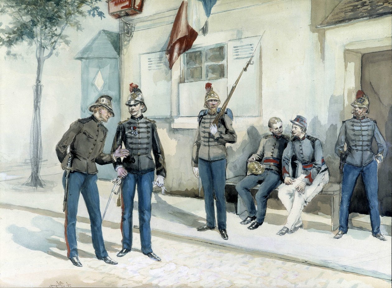 Feuerwehrleute vor ihrer Kaserne im Jahr 1870 von Unknown artist