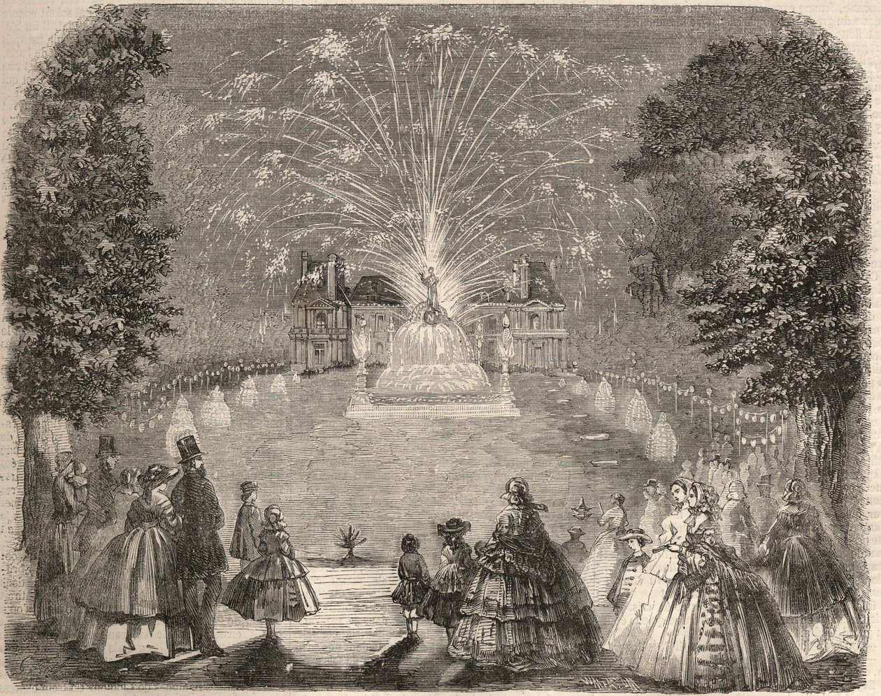 Feuerwerk und Beleuchtung des Schlosses Maison Laffitte am Abend des Wettbewerbs des Landwirtschaftsausschusses. Gravur in „Le Monde illustré“ von 1857. Private Sammlung. von Unknown artist