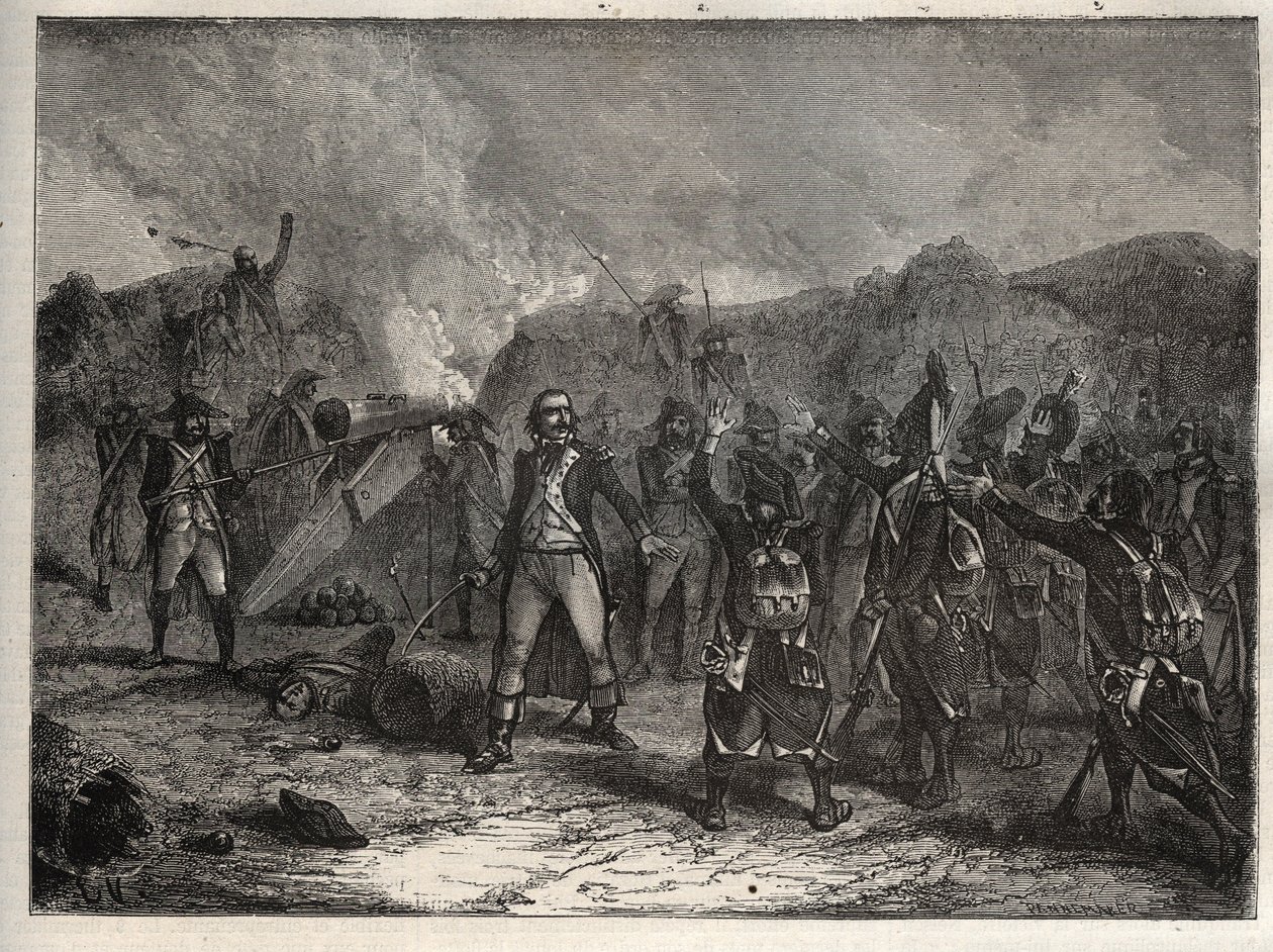 Erste Koalition: Oberst Antoine Guillaume Rampon (1759-1842) in der Schlacht von Montenotte am 12. April 1796, während des Italienfeldzugs, der die französischen Truppen von Napoleon Bonaparte gegen die österreichischen und sardischen Armeen stellte - Fran von Unknown artist