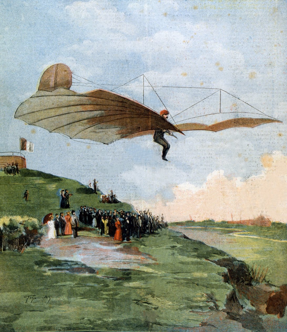 Erster Gleitflugtest von Otto Lilienthal (1848-1896), einem deutschen Ingenieur, auf seinem Flugzeug im Jahr 1894 von Unknown artist