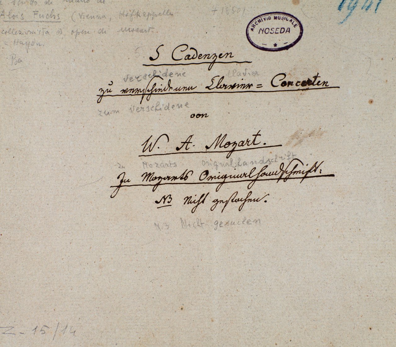 Erste Seite eines Manuskripts von 5 Kadenzen für Klavier von Mozart von Unknown artist