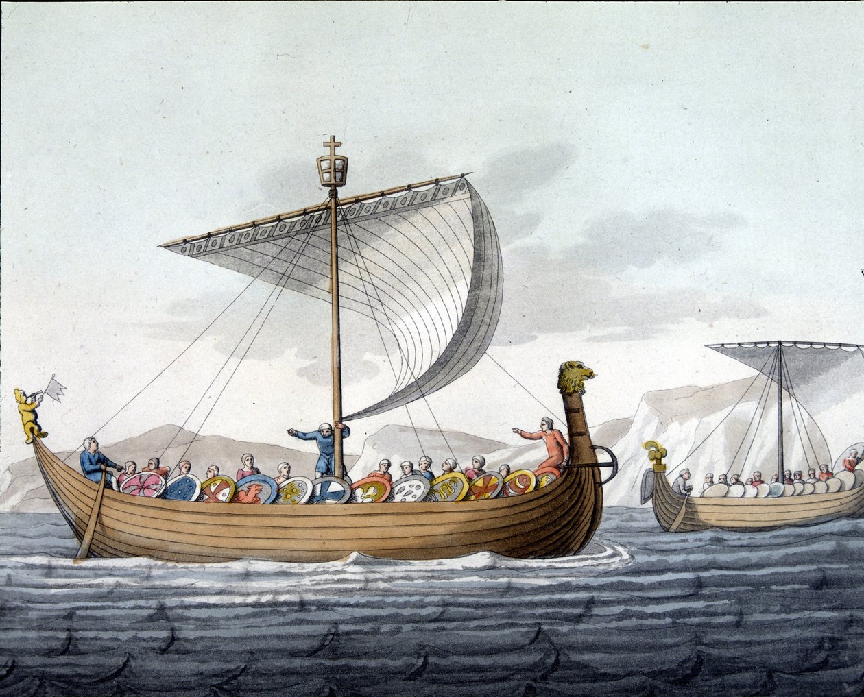 Flotte von Wilhelm I. dem Eroberer (1027 - 1087) segelt nach England - in „Die alte und moderne Tracht“ von Ferrario, ed. Mailand von Unknown artist
