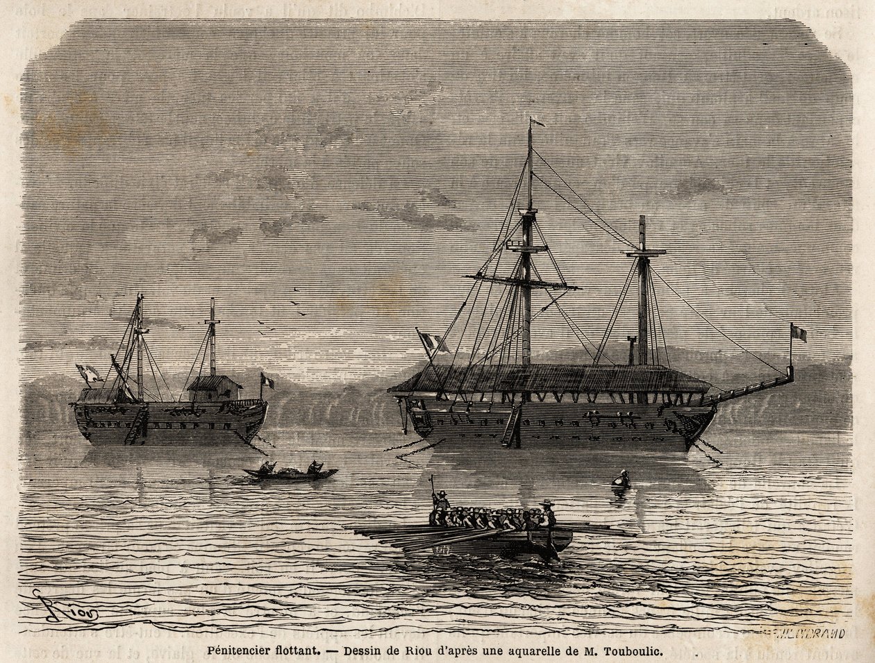 Schwimmende Strafkolonien von Französisch-Guayana, eine Kolonie, die der Gefangenschaft derjenigen gewidmet ist, die die Gerichte übernommen haben und der Männer, die bleiben mussten. Gravur zur Illustration der Reise nach Französisch-Guayana in den Jahren von Unknown artist