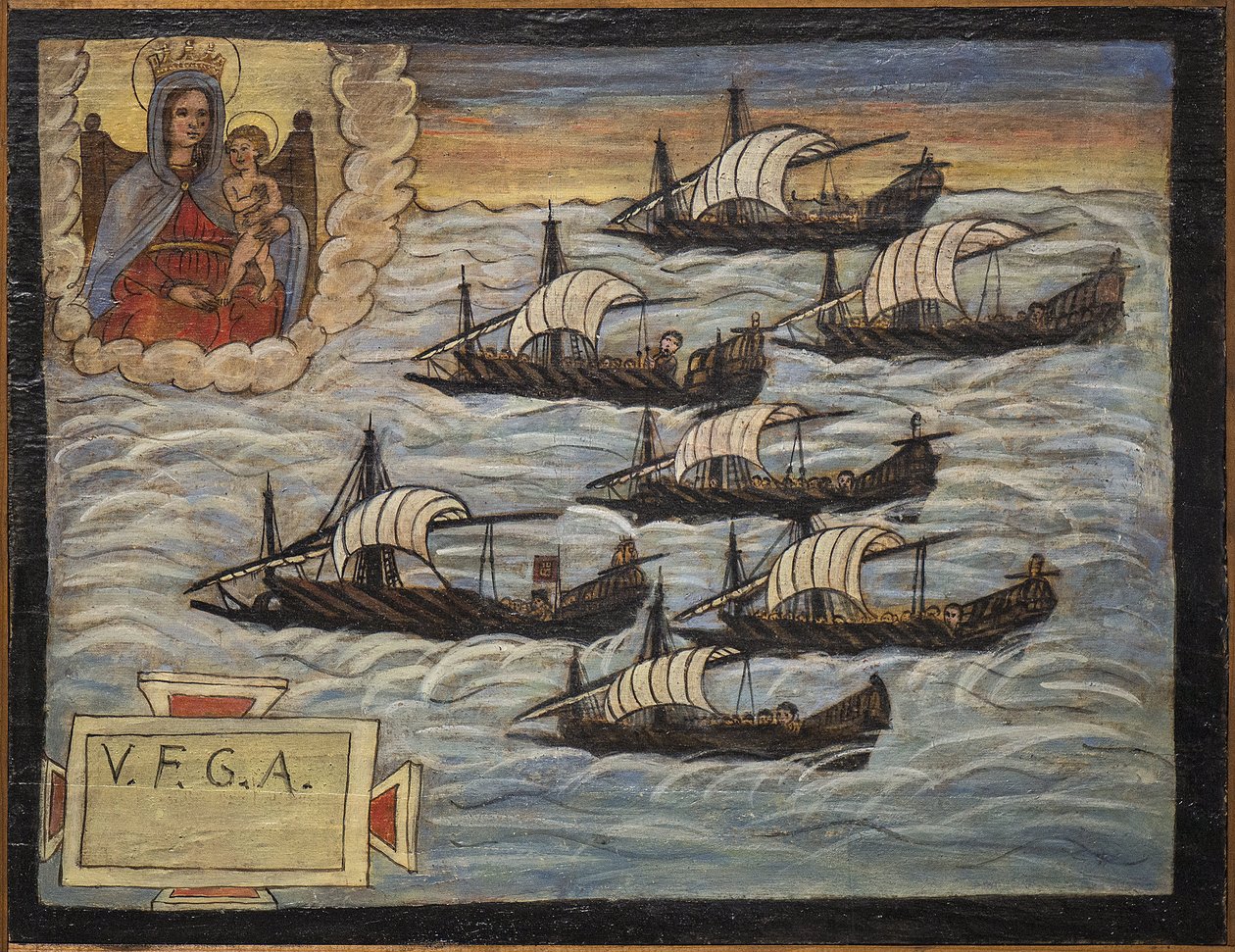 Ehemaliges Votivbild (ex voto) eines Seemanns, beliebtes Opfer als Zeichen der Hingabe und Dankbarkeit des Seemanns, der die Gefahren des Meeres überlebt hat, aus der Kirche der Heiligen Jungfrau des Bogens von Neapel (Madonna dell