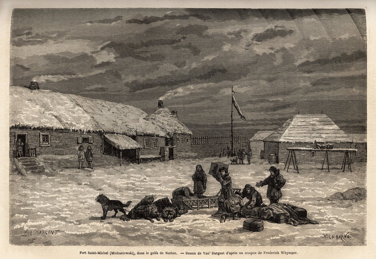 Fort Saint-Michel, englischer Besitz zu der Zeit, im Golf von Norton. Gravur zur Illustration der Reise und Abenteuer in Englisch-Kolumbien, Vancouver Island und Alaska, von Frederick Whymper von Unknown artist