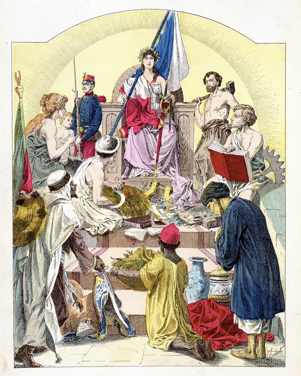 Frankreich, unter den Zügen von Marianne, umgeben von seinen personifizierten Kolonien (in „Geschichte Frankreichs“ von E. Grobet, ca. 1915) von Unknown artist