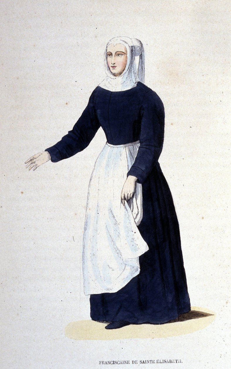 Franziskanernonne der Heiligen Elisabeth. Orden gegründet von der Heiligen Elisabeth von Ungarn (1207 - 1231). Gravur des 19. Jahrhunderts von Unknown artist