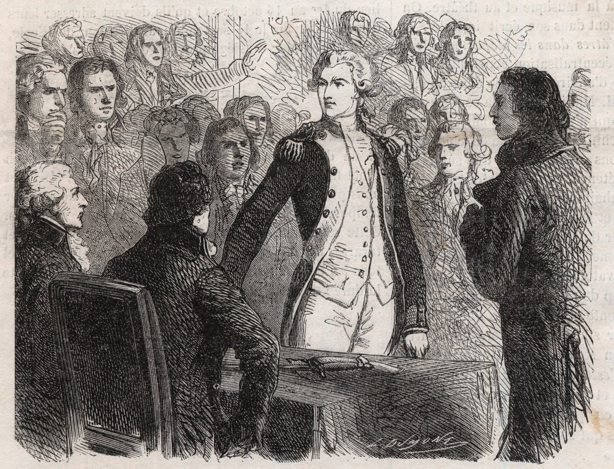 Französische Revolution: General Gilbert du Motier de La Fayette (1757-1834) tritt vom Kommando der Nationalgarde zurück - Gravur in „Le Monde Illustré“ von Unknown artist
