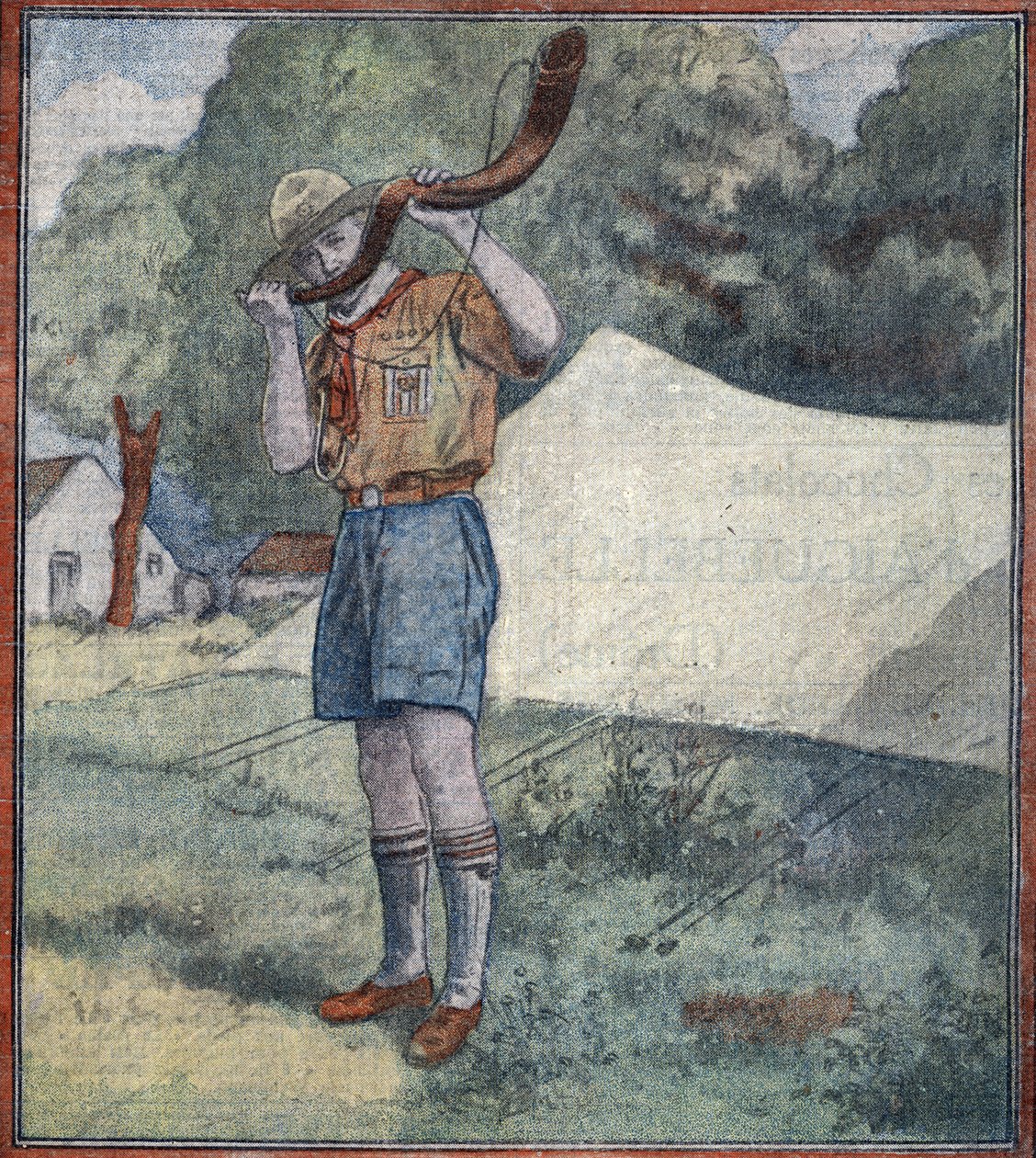 Französischer Pfadfinder, der das Sammeln in einem Lager in Ungarn signalisiert (Französischer Pfadfinder) Illustration aus „Le pelerin“ 20/8/1933 Private Sammlung von Unknown Artist