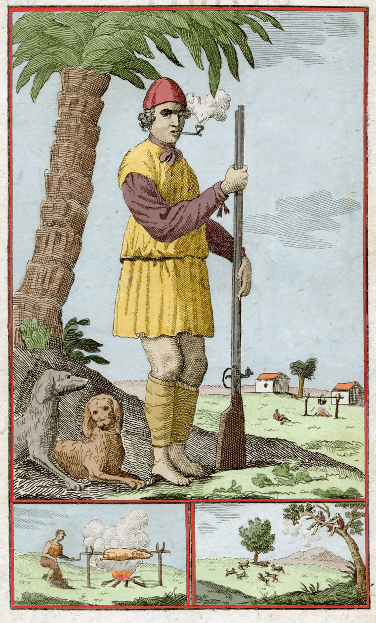Französischer Freibeuter aus Santo Domingo (Haiti). Gravur in „Histoire des Aventuriers Flibustiers et Boucaniers Signales Dans Les Indes“ von Alexandre Olivier Exquemelin (1645-1710). von Unknown artist