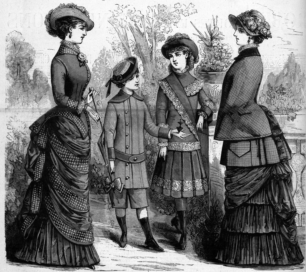 Französische Damen- und Kinderkleidung im 19. Jahrhundert. Werbung von 1882. Gravur in „Die illustre Welt“ Nr. 1302 vom 11. März 1882. von Unknown artist