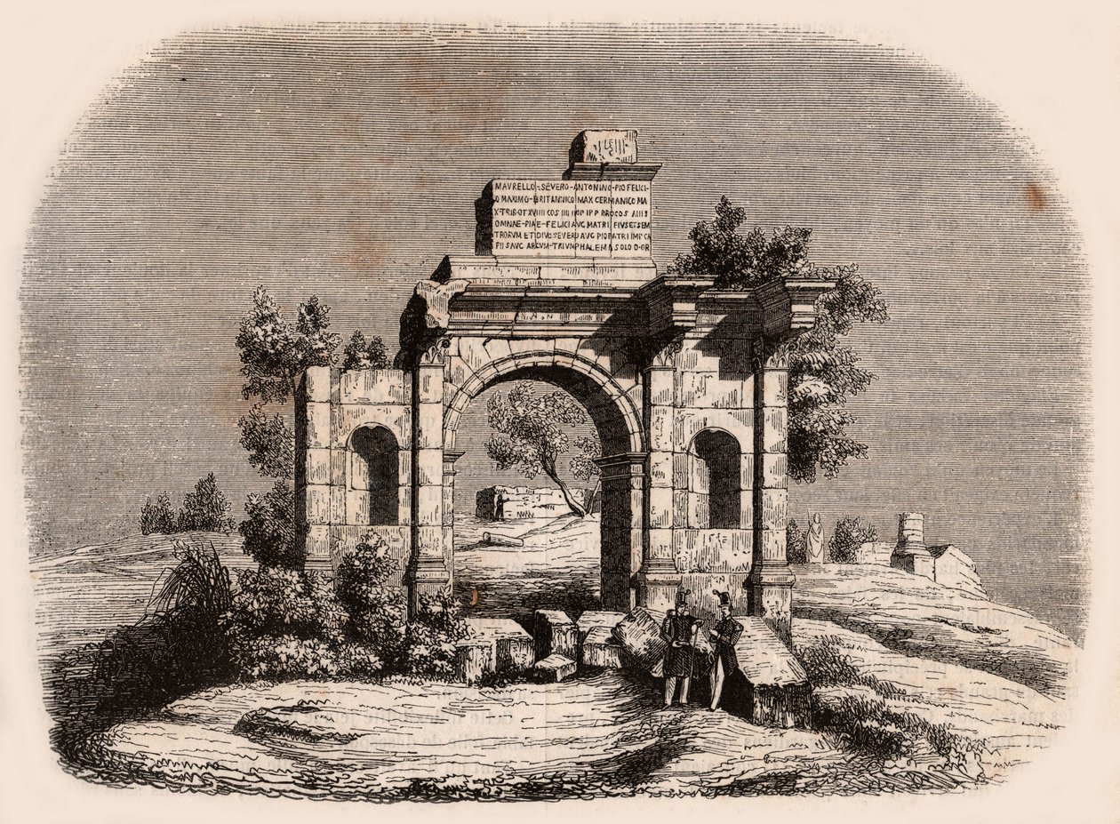 Vorderansicht des römischen Bogens von Djemilah in Algerien: zwei französische Soldaten posieren vor den Ruinen von Unknown