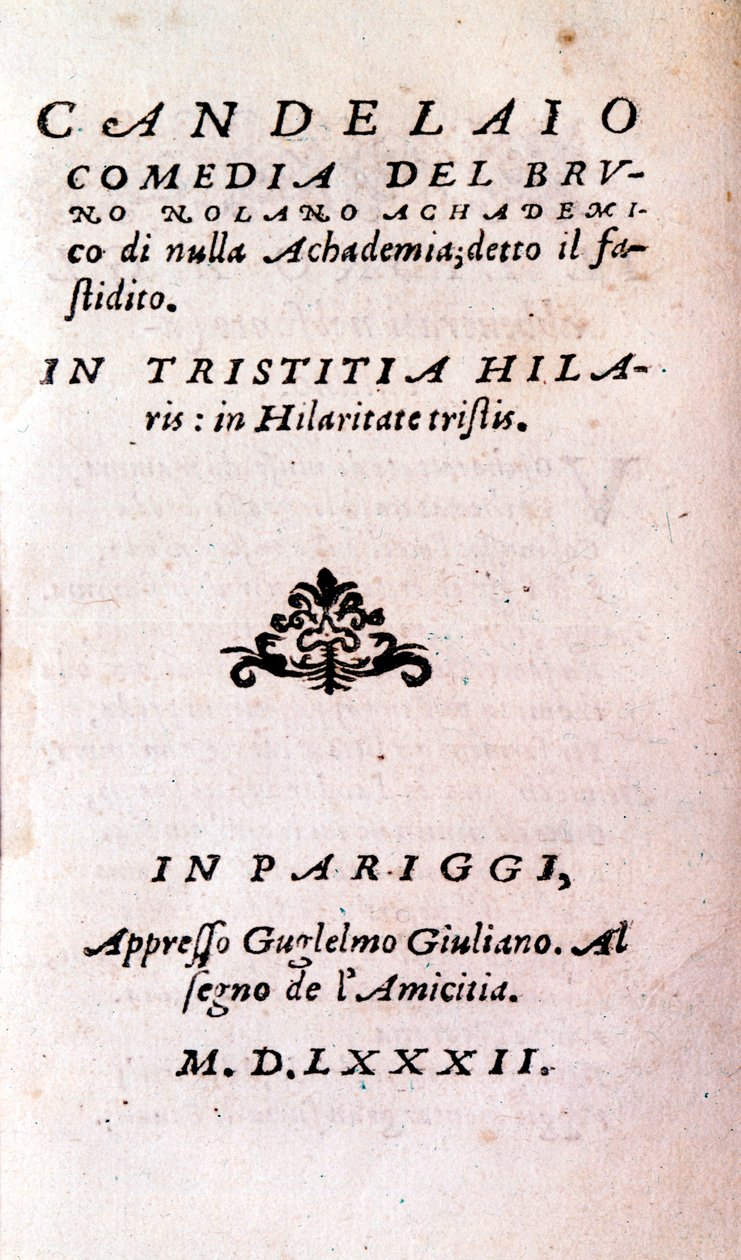 Frontispiz von „Il candelaio“ (Der Kerzenmacher) von Giordano Bruno (1546-1600), italienischer Philosoph und Theologe. 1582 von Unknown artist