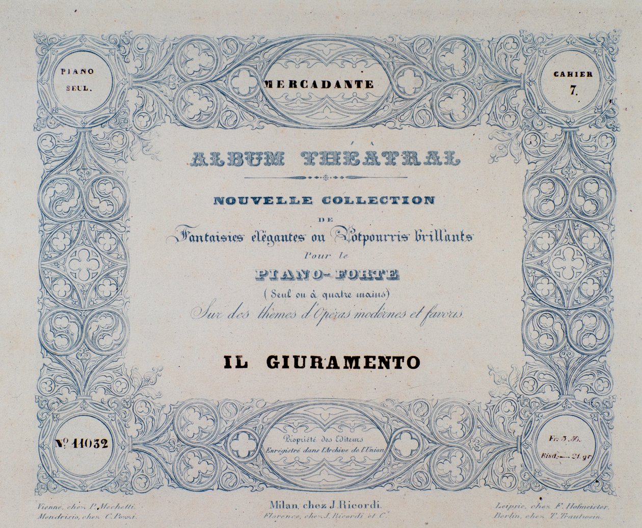 Frontispiz der Oper Il Giuramento, von Mercadante (1837) von Unknown artist