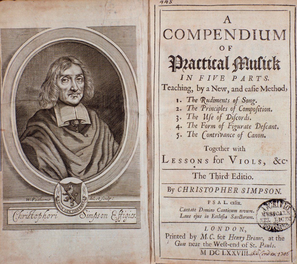Frontispiz des Compendium der praktischen Musik in fünf Teilen mit Lektionen für Viola da Gamba von Christopher Simpson von Unknown artist