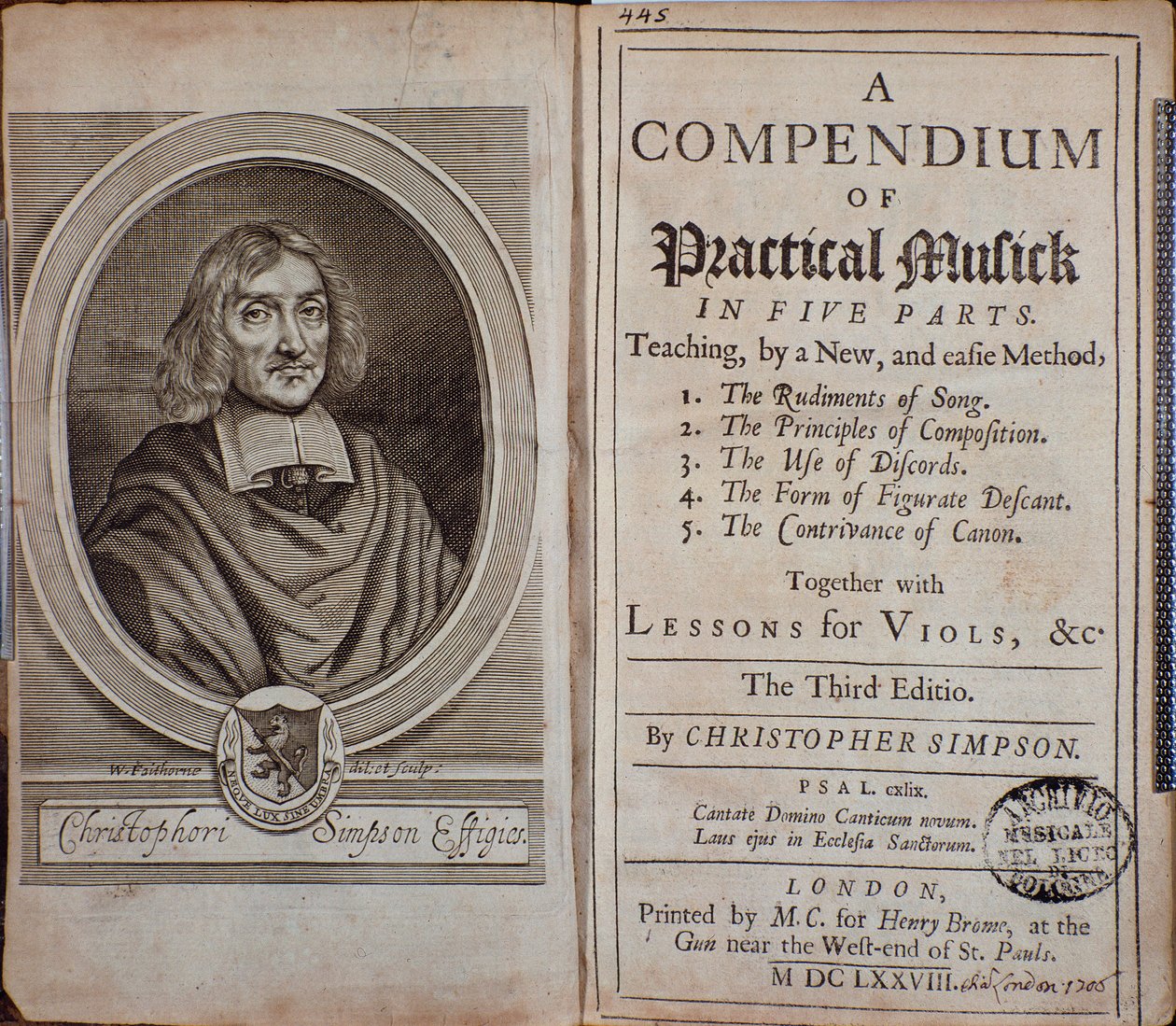 Frontispiz des Compendium der praktischen Musik mit Porträt von Christopher Simpson von Unknown artist