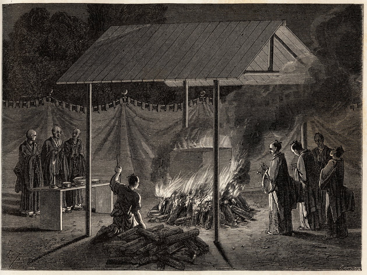 Beerdigungszeremonien: rituelle Einäscherung. Illustration der Reise nach Japan, 1863-1864, von Aime Humbert, Minister der Schweizerischen Eidgenossenschaft, in 