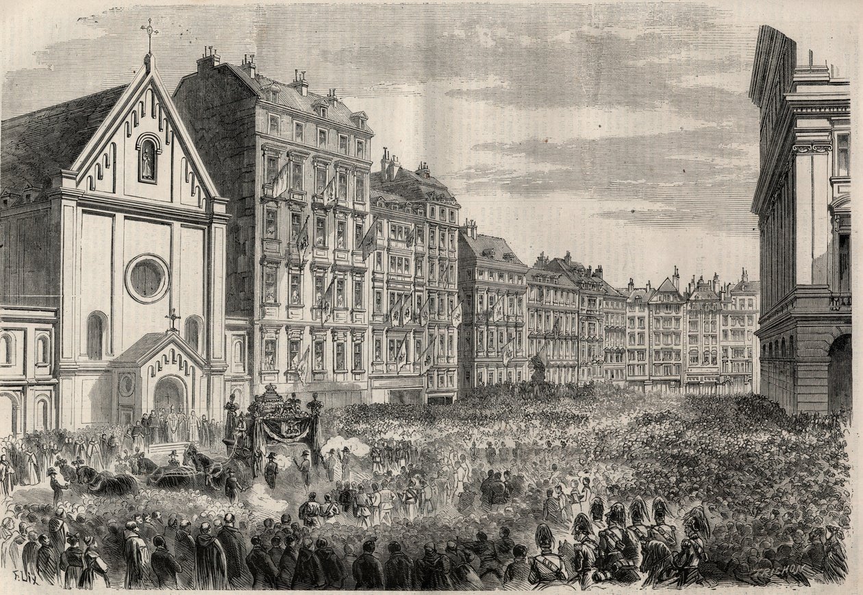 Begräbnis von Kaiser Maximilian I. von Mexiko (1832-1867): Ankunft des Trauerzugs vor der Kapuzinerkirche in Wien. Gravur in „L