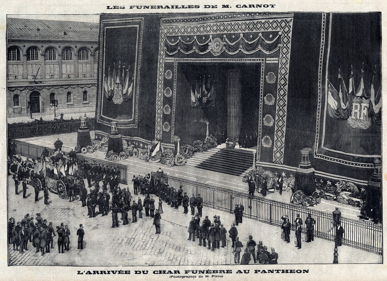 Beerdigung von Sadi Carnot (1837-1894), ehemaliger französischer Präsident, im Pantheon in Paris. Ankunft des Leichenwagens. Gravur in „Le Parisien“ von Unknown artist