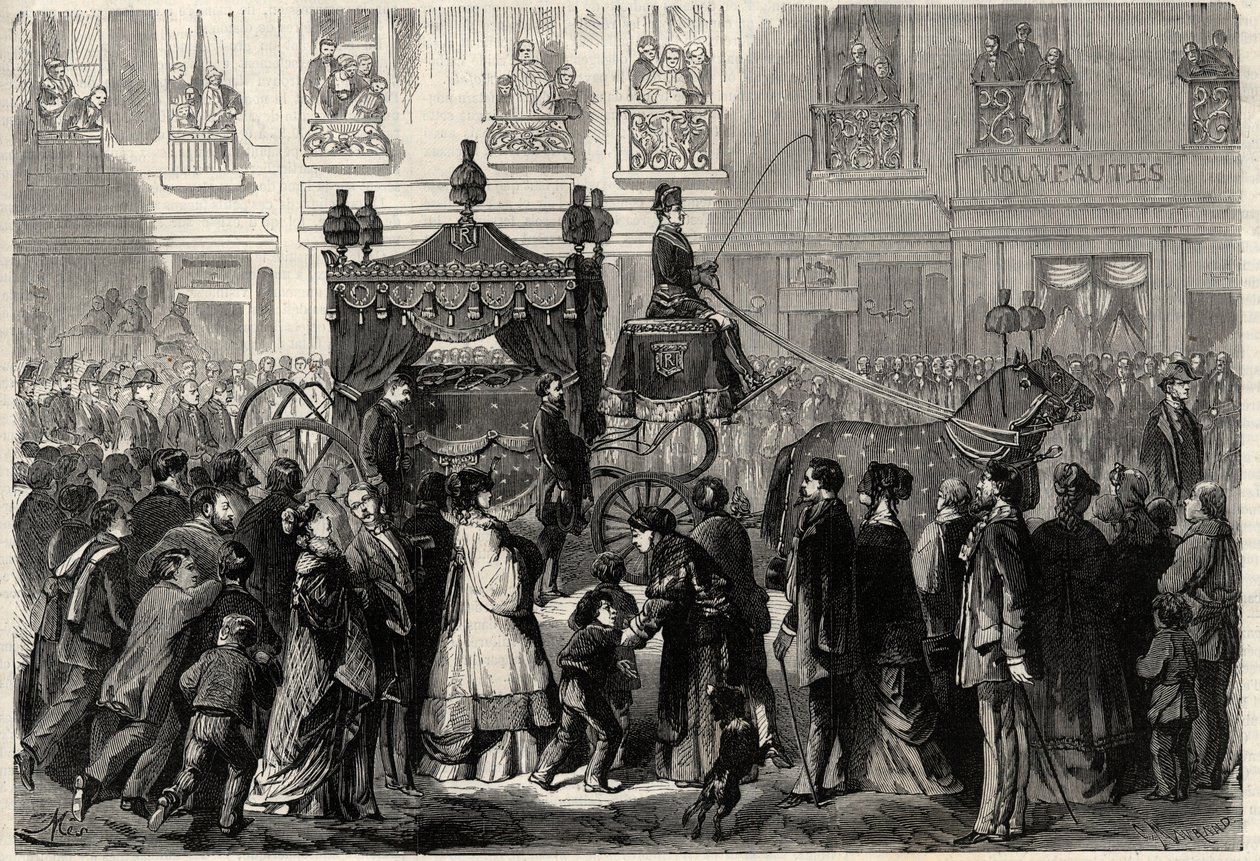 Begräbniszug während der Beisetzung von Gioachino Rossini (1799-1868) in Paris. Gravur in „L