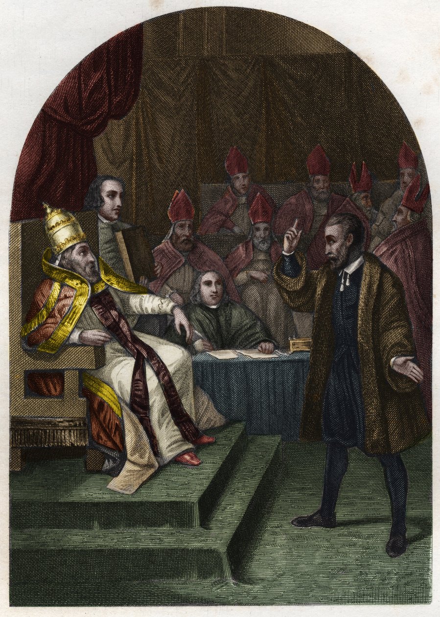 Galileo Galilei (1564-1642) vor Papst Urban VIII. im Jahr 1633. Gravur von 1842 in „Histoire des papes“ von Maurice Lachatre. Private Sammlung von Unknown artist