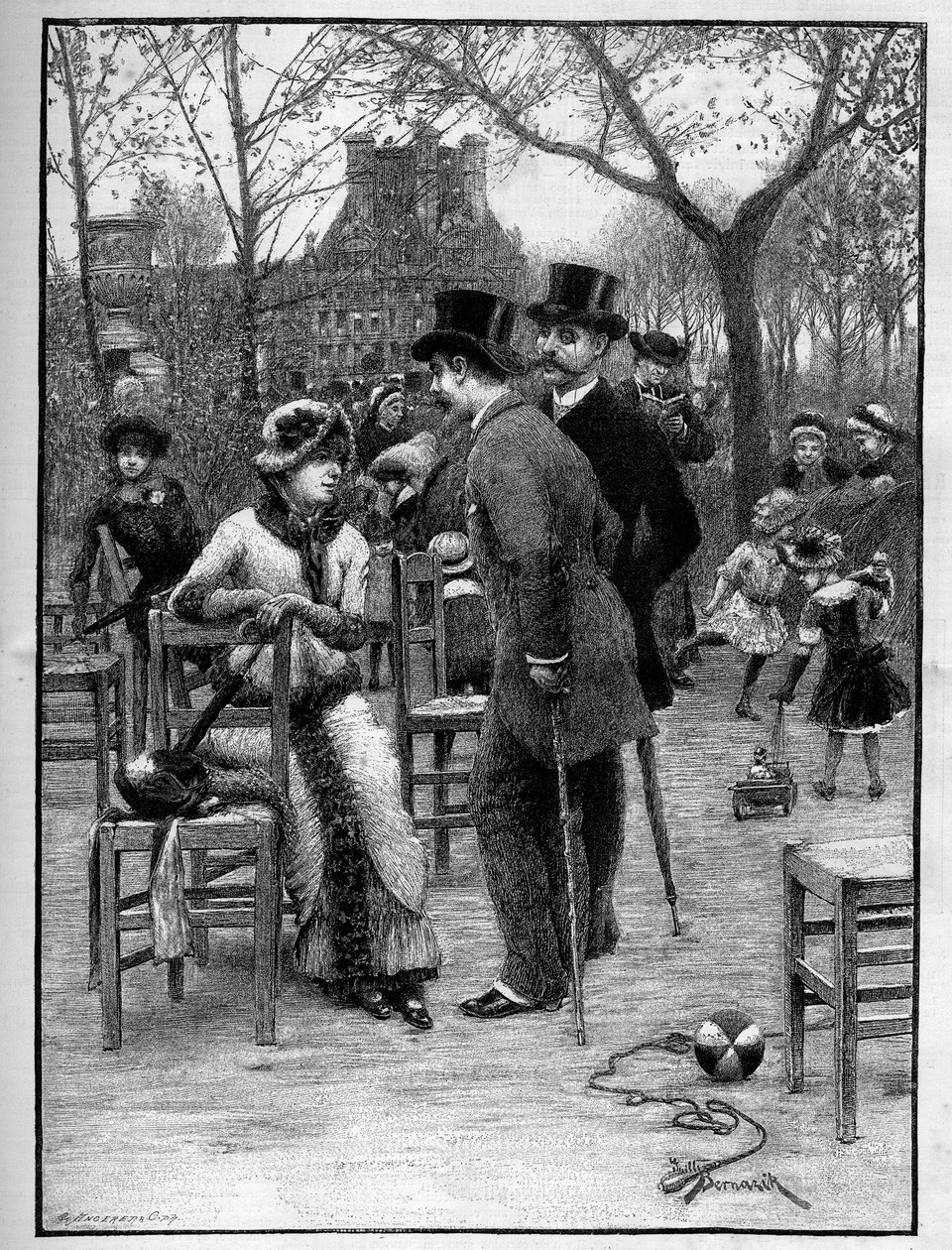 Galantes Gespräch zwischen zwei Männern und einer jungen Frau, alle sehr elegant, im Tuileriengarten in Paris im Sommer. In „Le Monde Illustré“ von Unknown artist