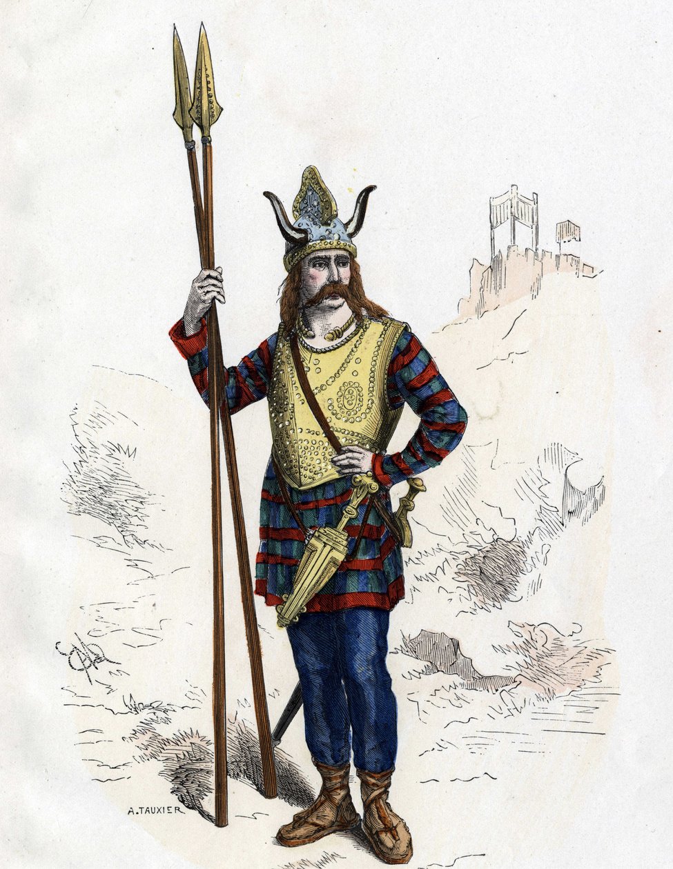 Gallischer Anführer vor der römischen Eroberung - in „Die zivilen und militärischen Kostüme der Franzosen durch die Jahrhunderte Paris F. Roy 1882“ von Unknown artist