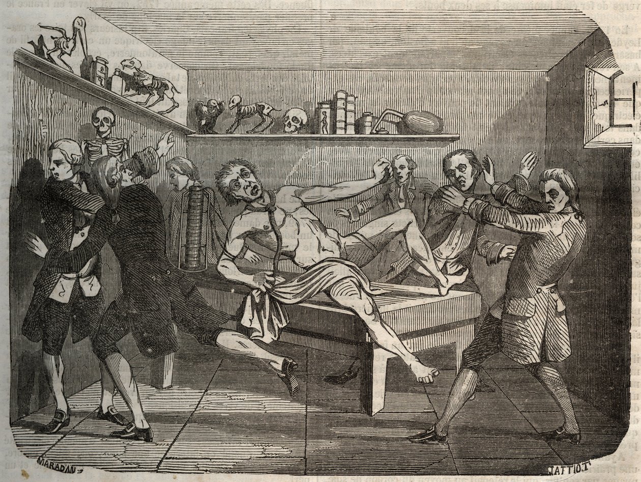 Galvanisierung der Leiche eines Henkers mit der Batterie von Alessandro Volta: Unter dem Einfluss von Elektrizität scheint die Leiche wieder zum Leben zu erwachen von Unknown artist