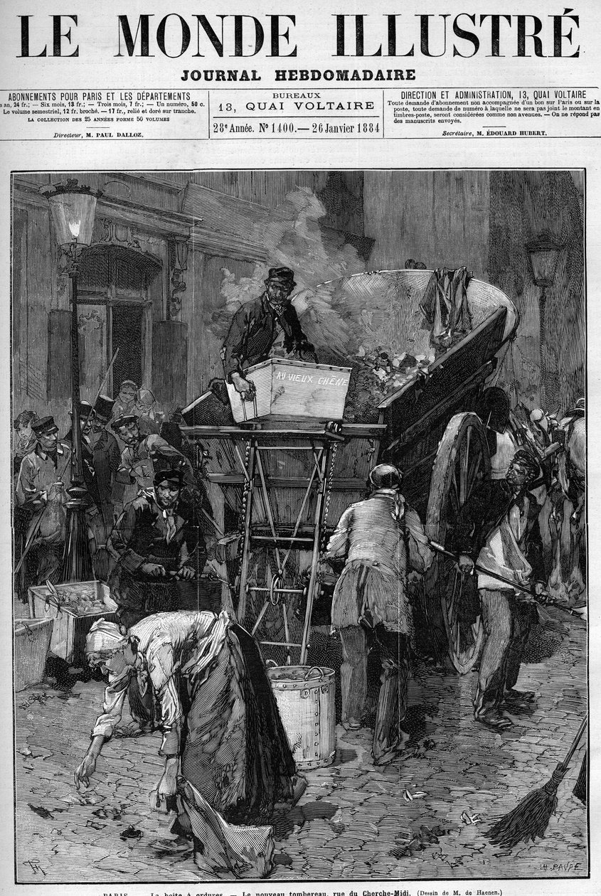 Mülltonne, der neue Lastwagen in der Rue du Cherche Midi (Cherche-Midi) in Paris. Männer und Frauen sammeln Abfall auf einer Straße in Paris, um ihn in einen Wagen zu werfen und so das Leben zu reinigen. Gravur in „Le Monde Illustré“ von Unknown artist