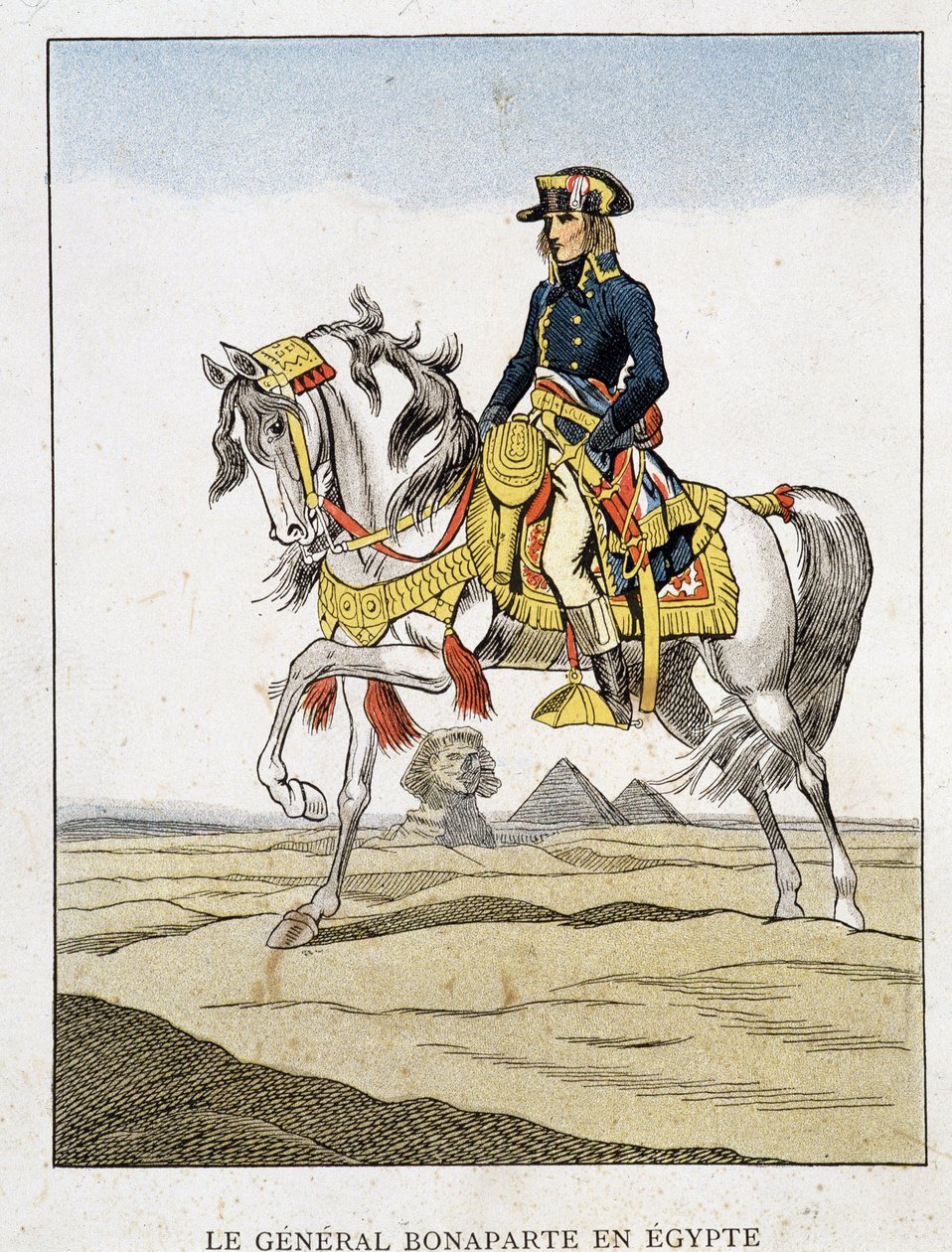 General Bonaparte in Ägypten, ein Porträt vor den Pyramiden und der Sphinx reitend. von Unknown artist
