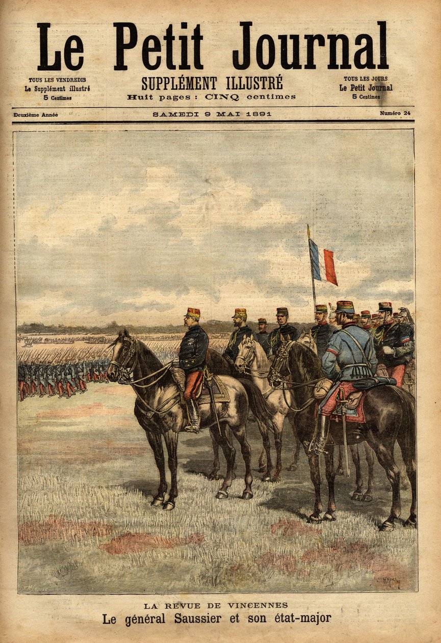 General Felix Gustave (Felix-Gustave) Saussier (1828-1905) und sein Stab überprüften die Truppen in Vincennes. Gravur in „Le petit journal illustrious“ 09/05/1891. Sammlung Selva. von Unknown artist