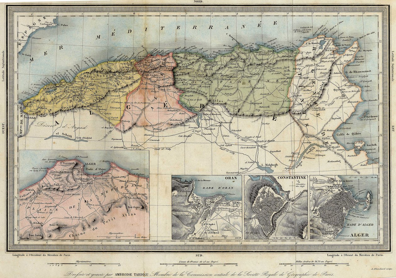 Geografische Karte von Algerien und Details der Provinzen Algier, Oran und Constantine, erstellt von Amboise Tardieu. von Unknown artist