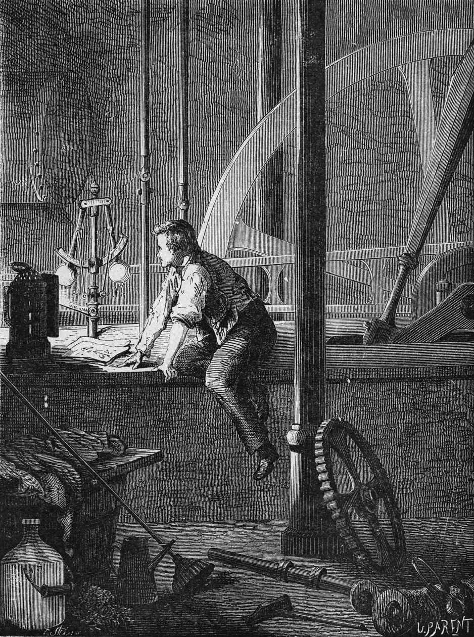 Georges Stephenson, ein Lokomotivführer in Newcastle, zerlegt und repariert seine Dampfmaschine. In „Album de la Science“, Éditions Jouvet von Unknown artist