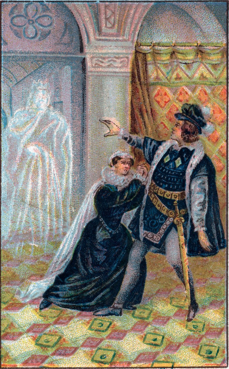 Gertrude, Hamlet und der Geist von Hamlets Vater. In „Hamlet“ von William Shakespeare. Chromolithographie des späten 19. Jahrhunderts. von Unknown artist