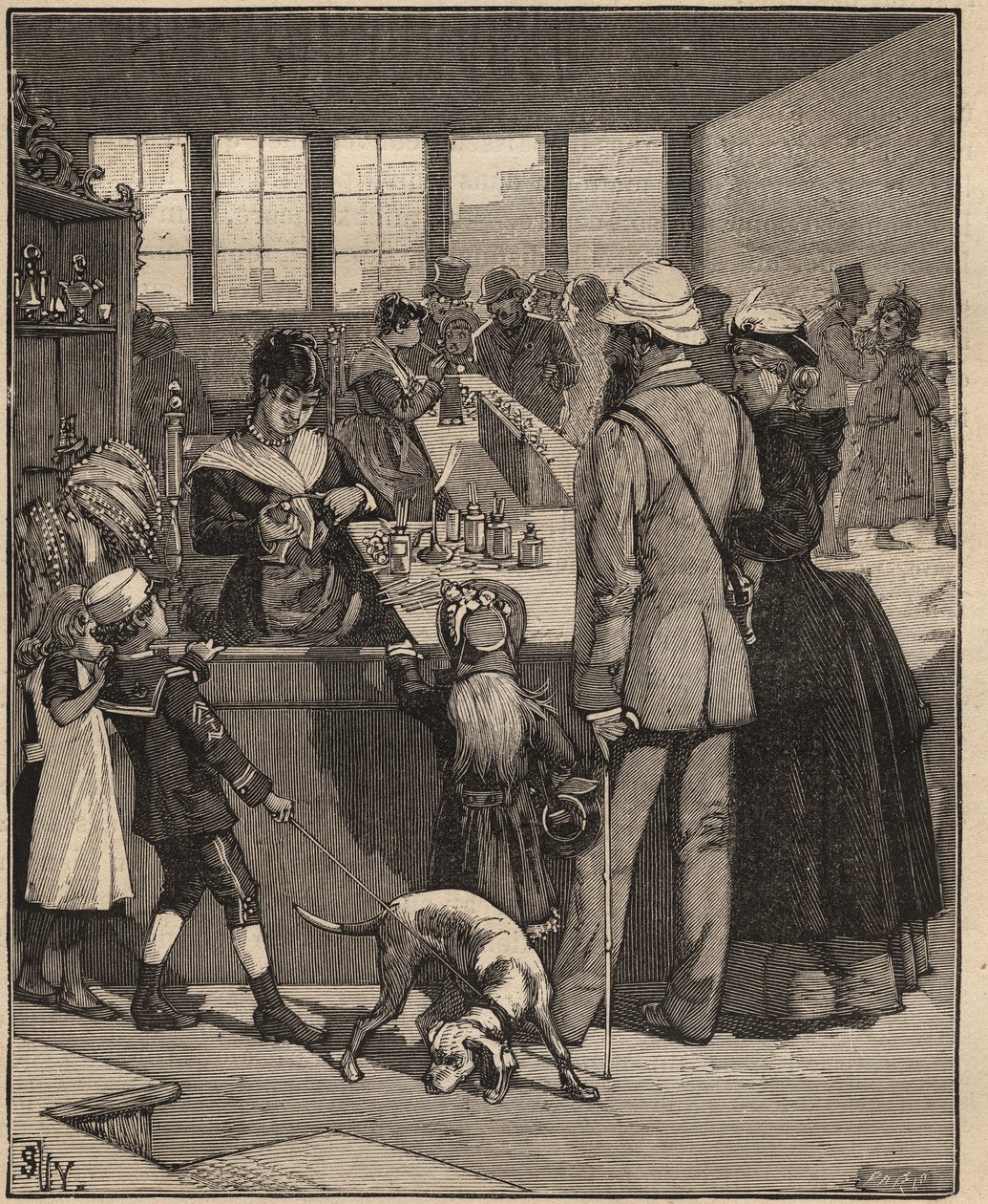 Glaskunst: Touristen kaufen eine Perle, die in einer Glasfabrik in Venedig, Italien, geblasen wurde. Gravur von 1885 in „Les arts et métiers illustrés“ von Adolphe Bitard. von Unknown artist