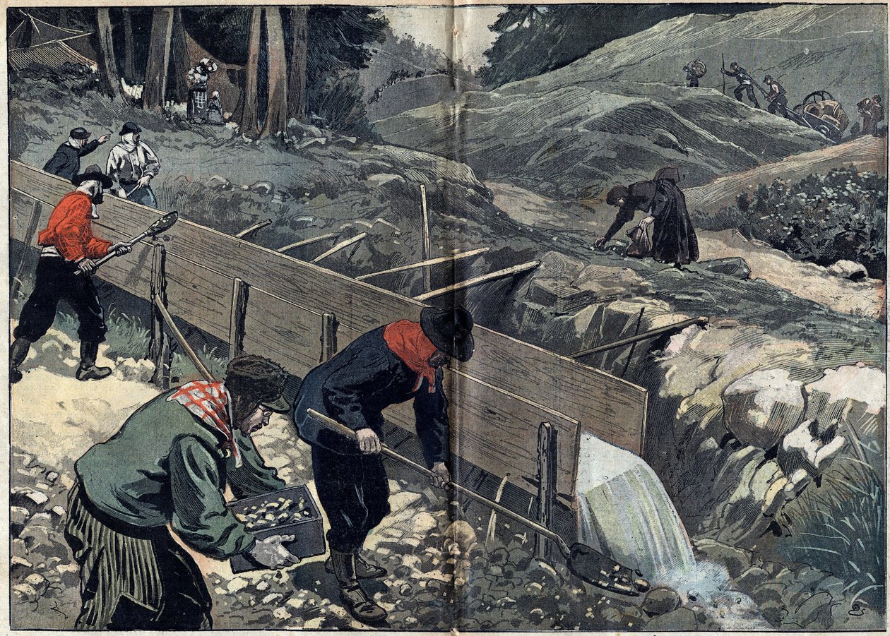 Goldrausch in Alaska: Goldsucher waschen Goldschlamm. Eine Frau sammelt Nuggets, während neue Goldsucher im Lager ankommen. Illustration in „Le Pelerin“ vom 20. Februar. von Unknown artist