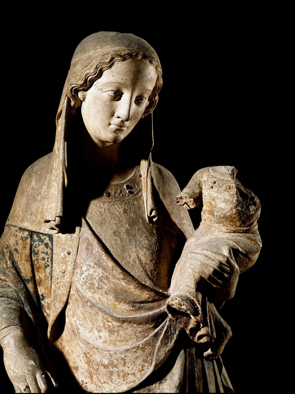 Gotische Kunst: „Jungfrau und Kind“ (Detail). Holzskulptur. 14. Jahrhundert Paris, Louvre Museum von Unknown artist