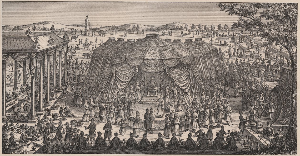 Großes Bankett von Tamerlan (1336-1405) in der Ebene von Khani Gheul zur Feier der Hochzeit seiner Enkelkinder - Gravur aus dem 19. Jahrhundert. von Unknown artist