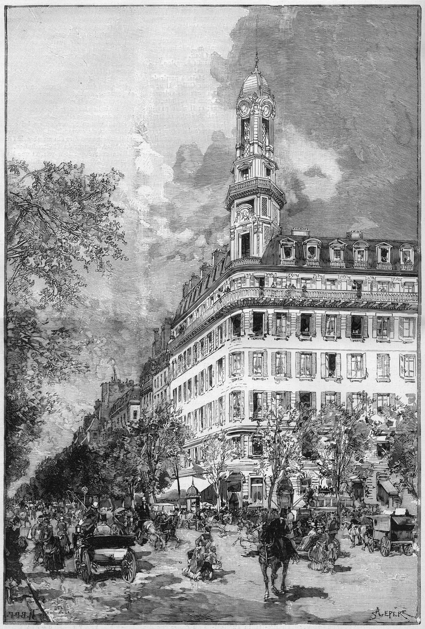 Große Boulevards und Haussmann-Gebäude in Paris: Hotel der Compagnie "La New York" Boulevard des Italiens. Gravur in "Le Monde Illustré" von Unknown artist