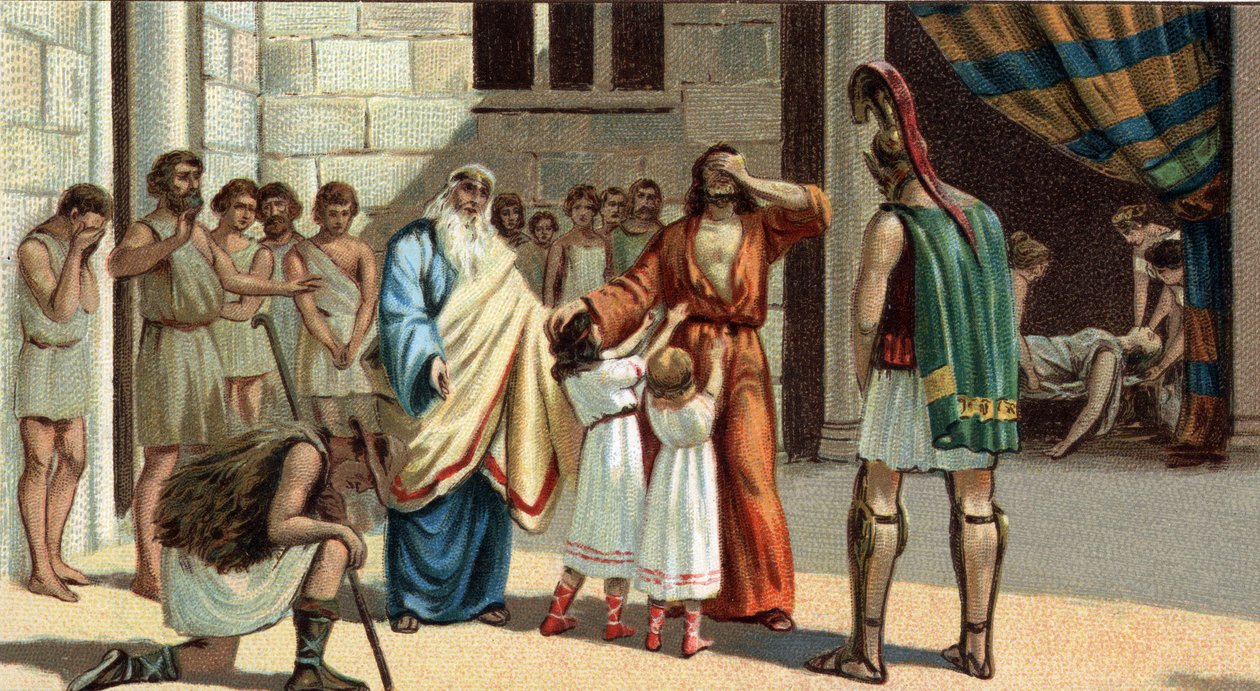Große griechische Tragödien: „König Ödipus“ von Sophokles. Ödipus, blind, stützt sich auf zwei seiner Töchter. Zu seiner Linken sein schöner Vater Kreon, zu seiner Rechten der Seher Tiresias und ein alter Hirte, der die wahre Identität von Ödipus enthüllt. von Unknown artist