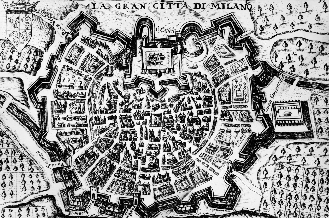 Große Stadt Mailand, Gravur der Karte von Mailand von Unknown artist