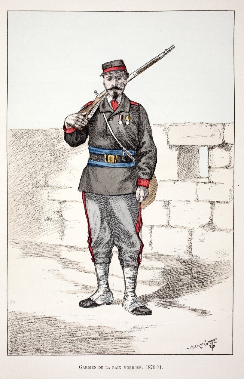 Friedenswächter mobilisiert (1870-1871). Farbradierung zur Illustration des Buches 