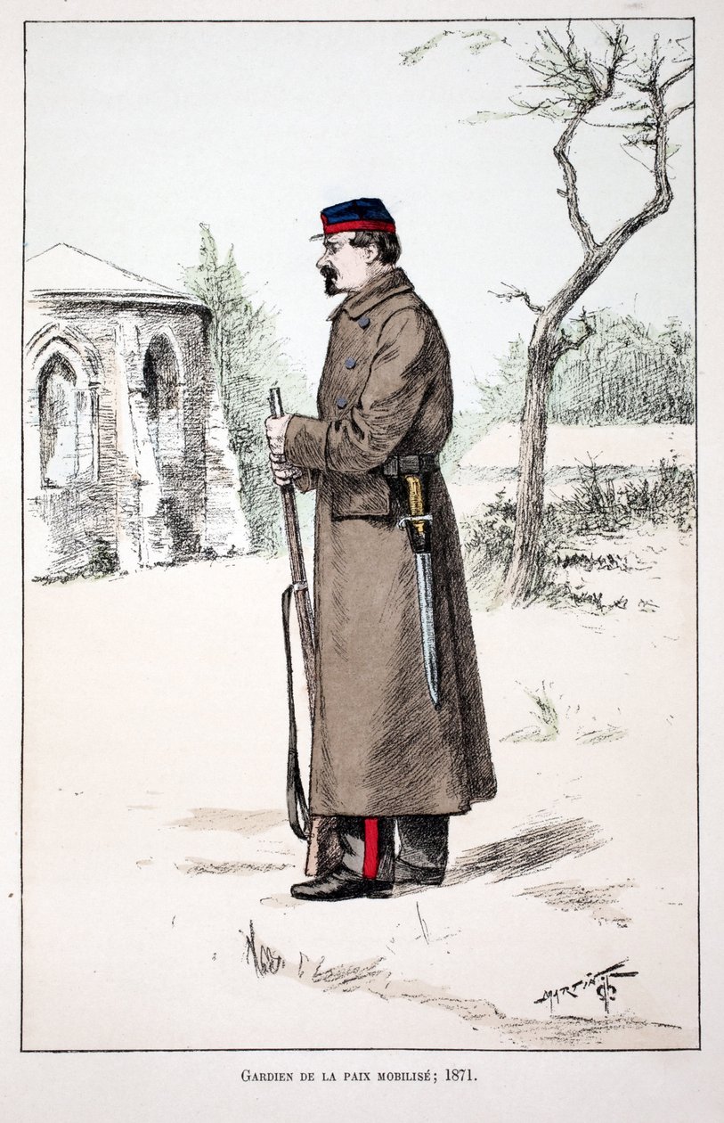 Friedenswächter mobilisiert (1871). Farbradierung zur Illustration „Histoire du corps des gardiens de la paix“ Buch veröffentlicht unter der Schirmherrschaft von Louis Lepine (1846-1933) Polizeipräfekt der Seine, von Alfred Rey (1864-?) und Louis Feron (18 von Unknown artist