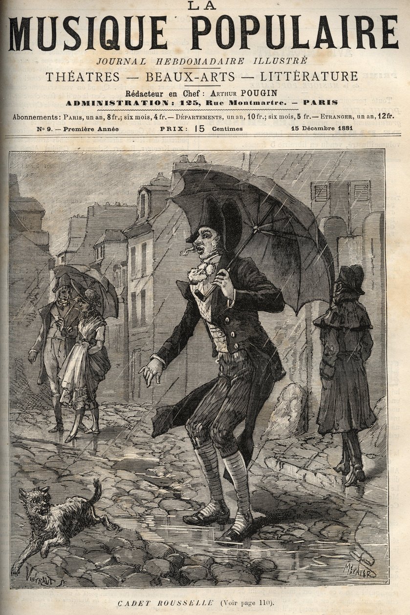 Guillaume Joseph Rousselle, genannt Cadet Rousselle (1743-1807), französischer Gerichtsvollzieher, im Regen in einer Straße von Paris. Gravur in „La musique populaire“ Illustrierte Wochenzeitung - 1881 von Unknown artist